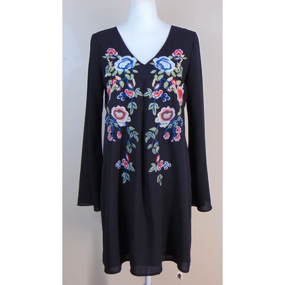 Sugar & Lips Black Embroidered Bell Sleeve Dress Womens Small BOHO Floral Knee S
